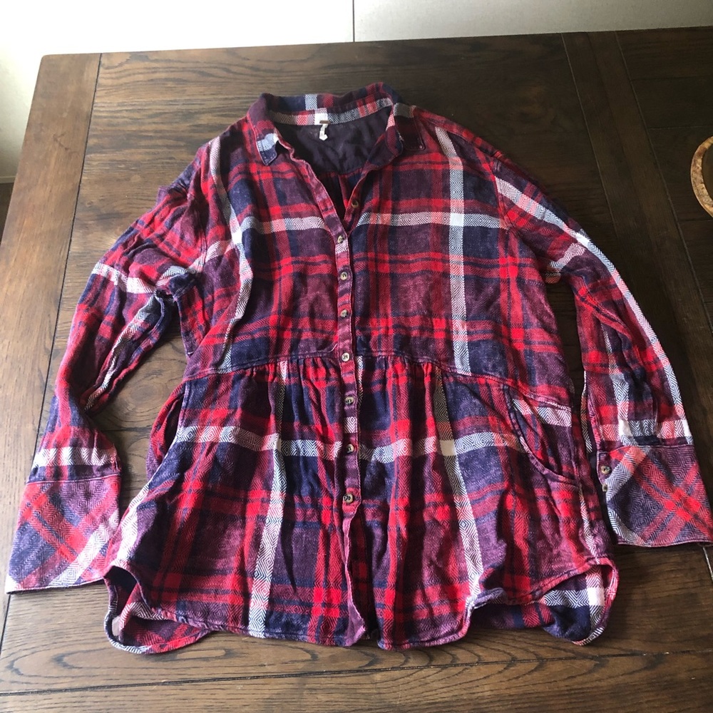 Free people babydoll flannel tunic plaid top long-sleeve over size large